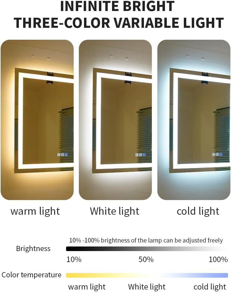 36 * 28inches LED Mirror, Smart Bathroom Mirror with Lights, Anti-Fog, Tempered Glass, 3 Colors Dimmable, Front and Backlit, CRI 90+, Wall Mounted, Memory