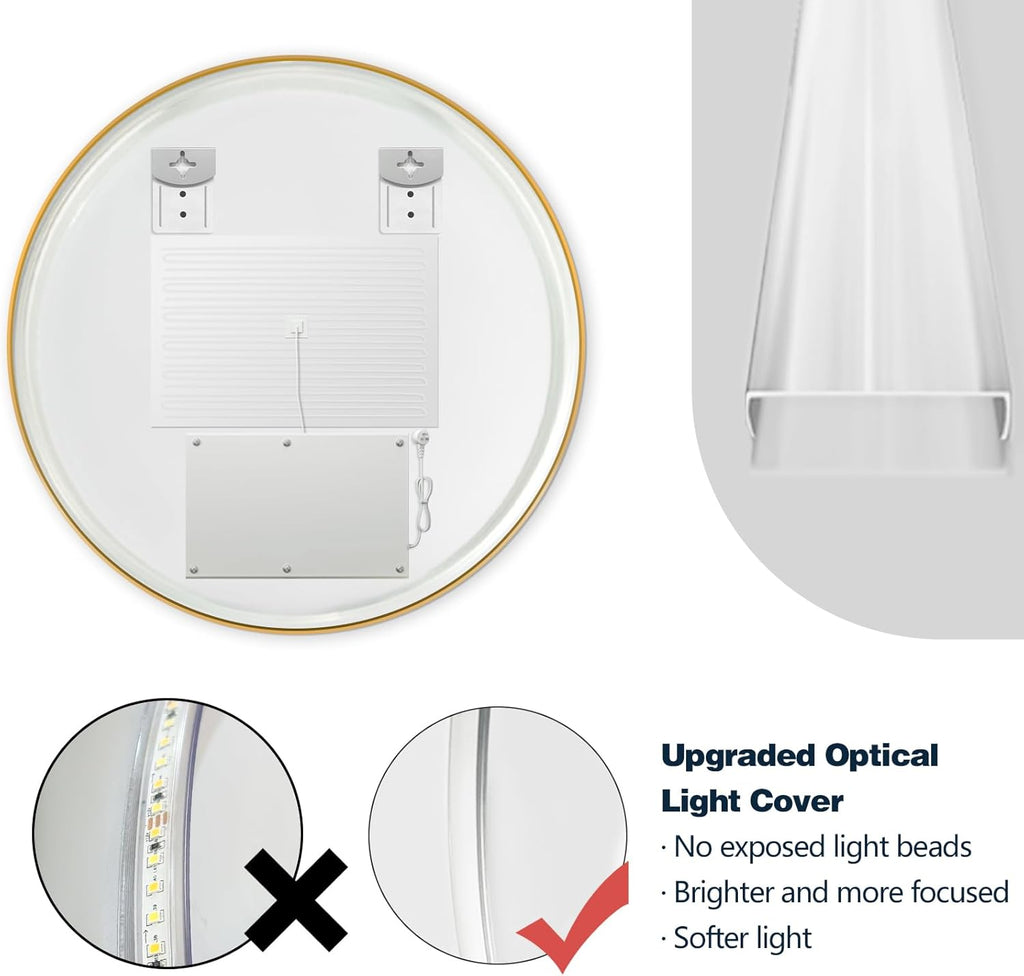 Niccy Round Led Mirror for Bathroom, 24" Backlit Mirror for Wall Circle Lighted Mirror with Gold Frame Anti-Fog, 3 Colors, HD Glass and IP65 Waterproof