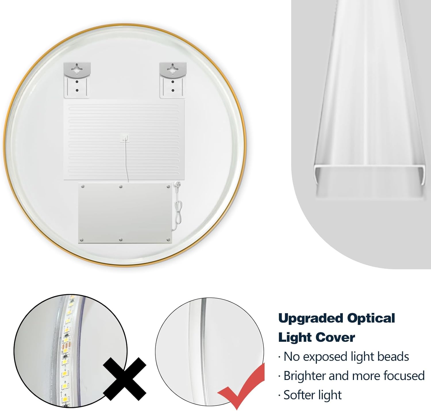 Niccy Round Led Mirror for Bathroom, 24" Backlit Mirror for Wall Circle Lighted Mirror with Gold Frame Anti-Fog, 3 Colors, HD Glass and IP65 Waterproof