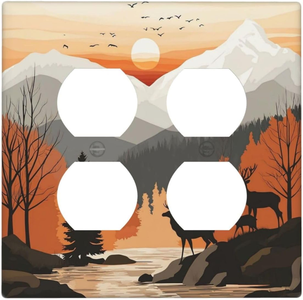 Sun Forest Deer Snow Mountain River Outlet Covers 2 Gang Double Duplex Decorative Light Switch Covers Electrical Wallplates Socket Faceplate For Bed Room Living Room Decor