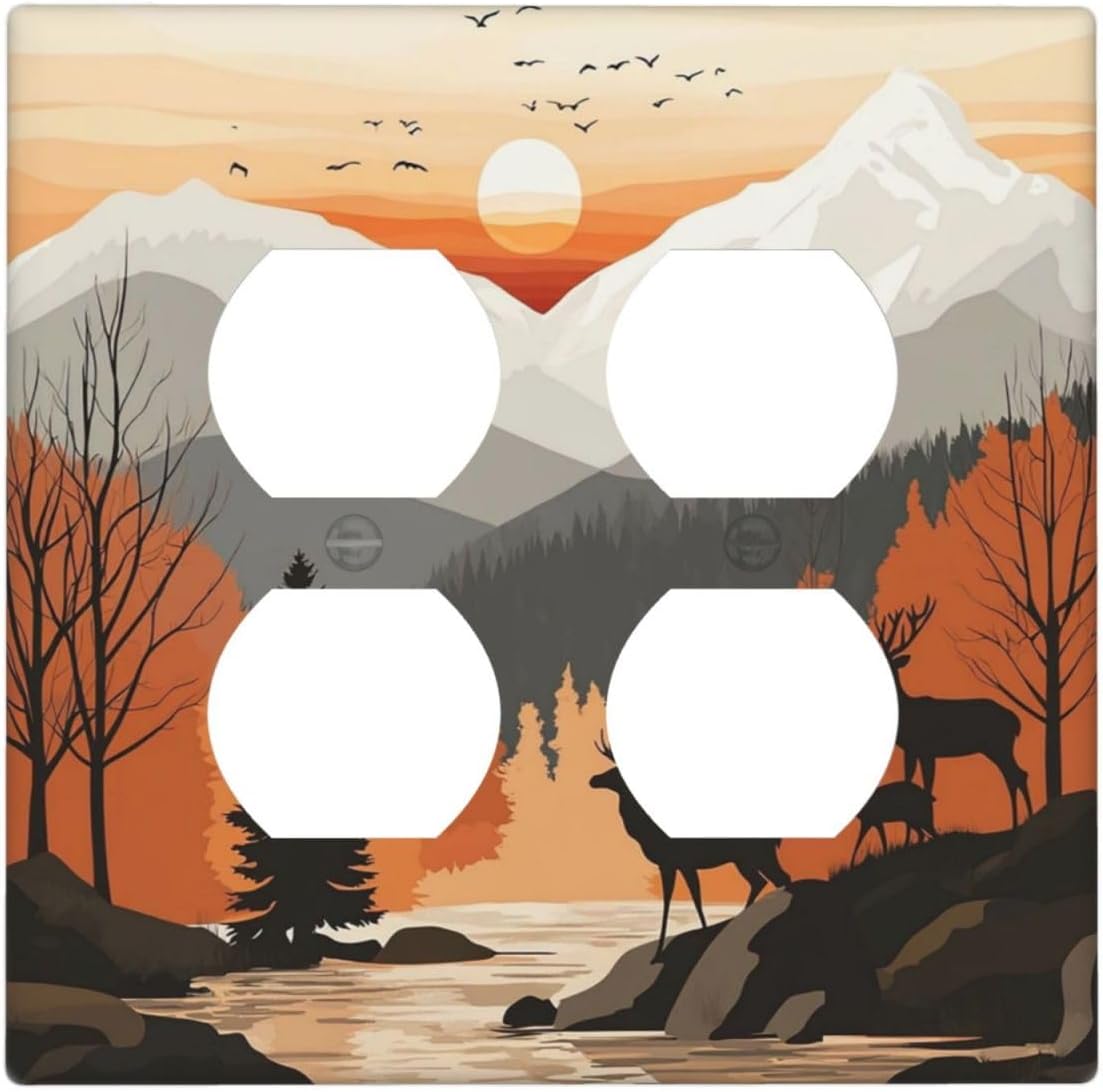 Sun Forest Deer Snow Mountain River Outlet Covers 2 Gang Double Duplex Decorative Light Switch Covers Electrical Wallplates Socket Faceplate For Bed Room Living Room Decor