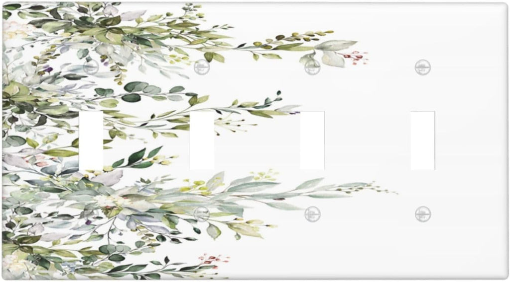 Decorative Light Switch Plate Covers Rustic Eucalyptus Leaves Green Leaf 4 Gang Light Switch Cover Quad Toggle Wall Plate Outlet Covers for Bedroom Home Decor