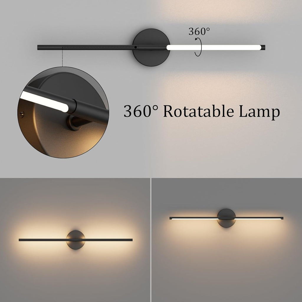 Black Wall Sconce for Bathroom 28In Hardwired Vanity Light Fixture 3000K Indoor Bathroom Sconce Over Mirror 360° Rotate for Living Room