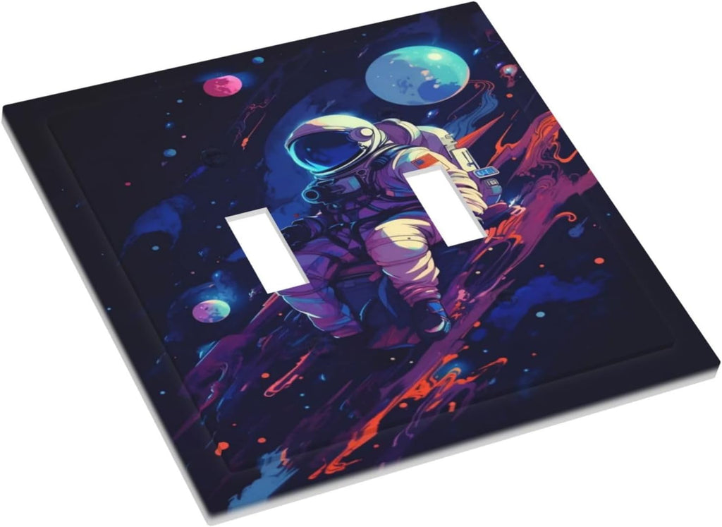 Decorative Light Switch Cover Purple Space Astronaut Planet 2 Gang Wall Plate Oversized Double Toggle Two Switch Wall Cover Dual Device Electrical Face Plate for Bedroom Home Decor