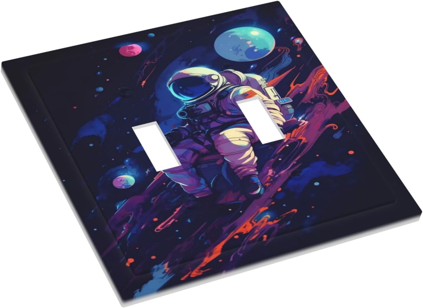 Decorative Light Switch Cover Purple Space Astronaut Planet 2 Gang Wall Plate Oversized Double Toggle Two Switch Wall Cover Dual Device Electrical Face Plate for Bedroom Home Decor