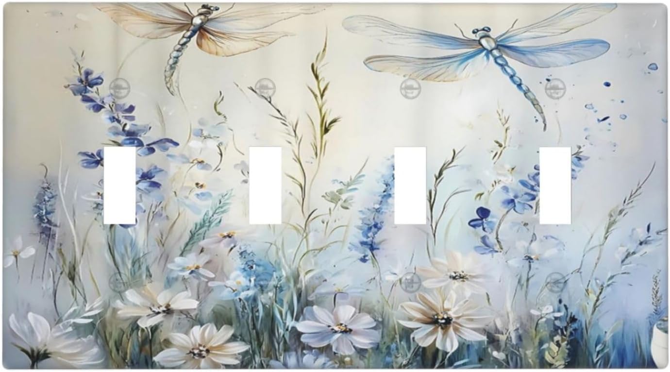 Decorative Light Switch Cover Plate Watercolor Dragonfly Blue Wihte Flower 4 Gang Wall Plates for Electrical Outlets Quad Toggle Switch Plate Covers Outlet Covers Faceplate for Bedroom Decor