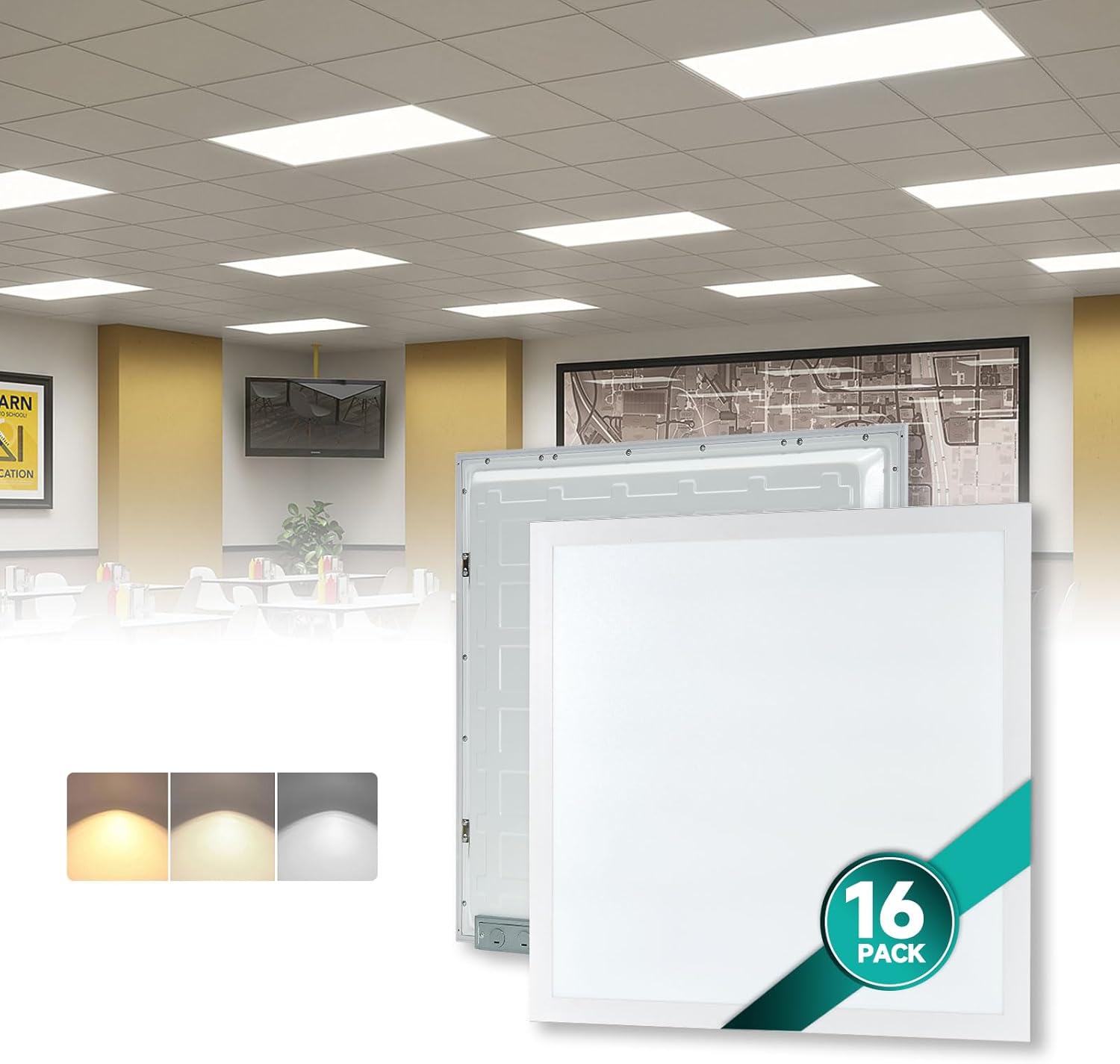 16-Pack 2x2 LED Flat Panel Light Drop Ceiling, 0-10V Dimmable, 3CCT Selectable (5000K 4000K 3000K) & 3 Wattage Switchable (40W 30W 20W), 100-277Vac, ETL & DLC