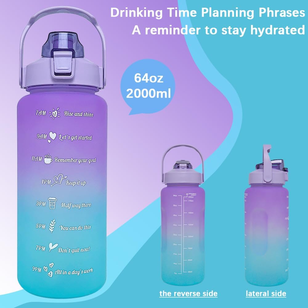 64 oz Large Capacity Water Bottle with Motivational Time Markers and Straw, Portable, Leakproof, BPA Free for Fitness, Gym and Outdoor Sports. (Purple)