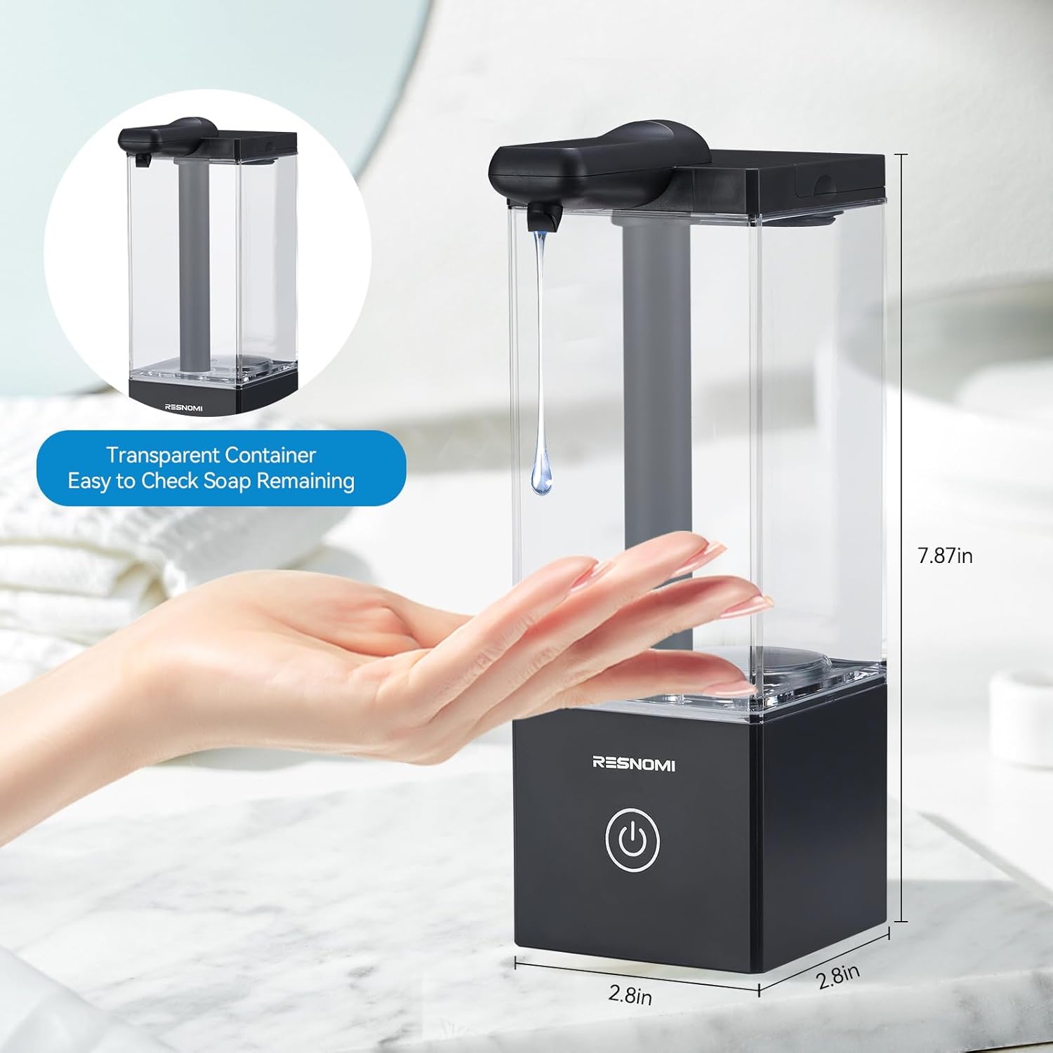 Automatic Soap Dispenser Touchless, Soap Dispenser Bathroom, Large Transparent Reservoir&Wall Mount, Type-C Rechargeable&3-Level Adjustable, Water-Resistant, Kitchen, Hotel, and School, Black
