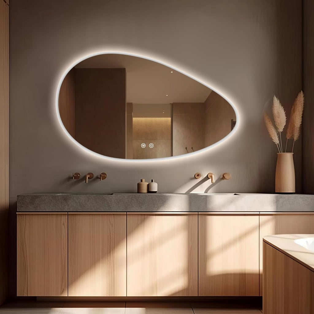 Niccy Irregular LED Bathroom Mirror with Lights, 24"x40" Asymmetrical Backlit-Mirror for Wall Mounted, Bathroom Vanity Mirrors with Memory, Dimmable, 3 Colors, Anti-Fog, IP65 Waterproof