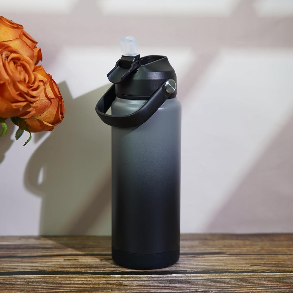 BJPKPK Water Bottle with Straw Lid, 24oz Vacuum Insulated Water Bottles, Metal Stainless Steel Thermo for Sports, Travel, BPA Free Leak Proof Thermo, Cups, Flasks, Tumblers,Black Grey