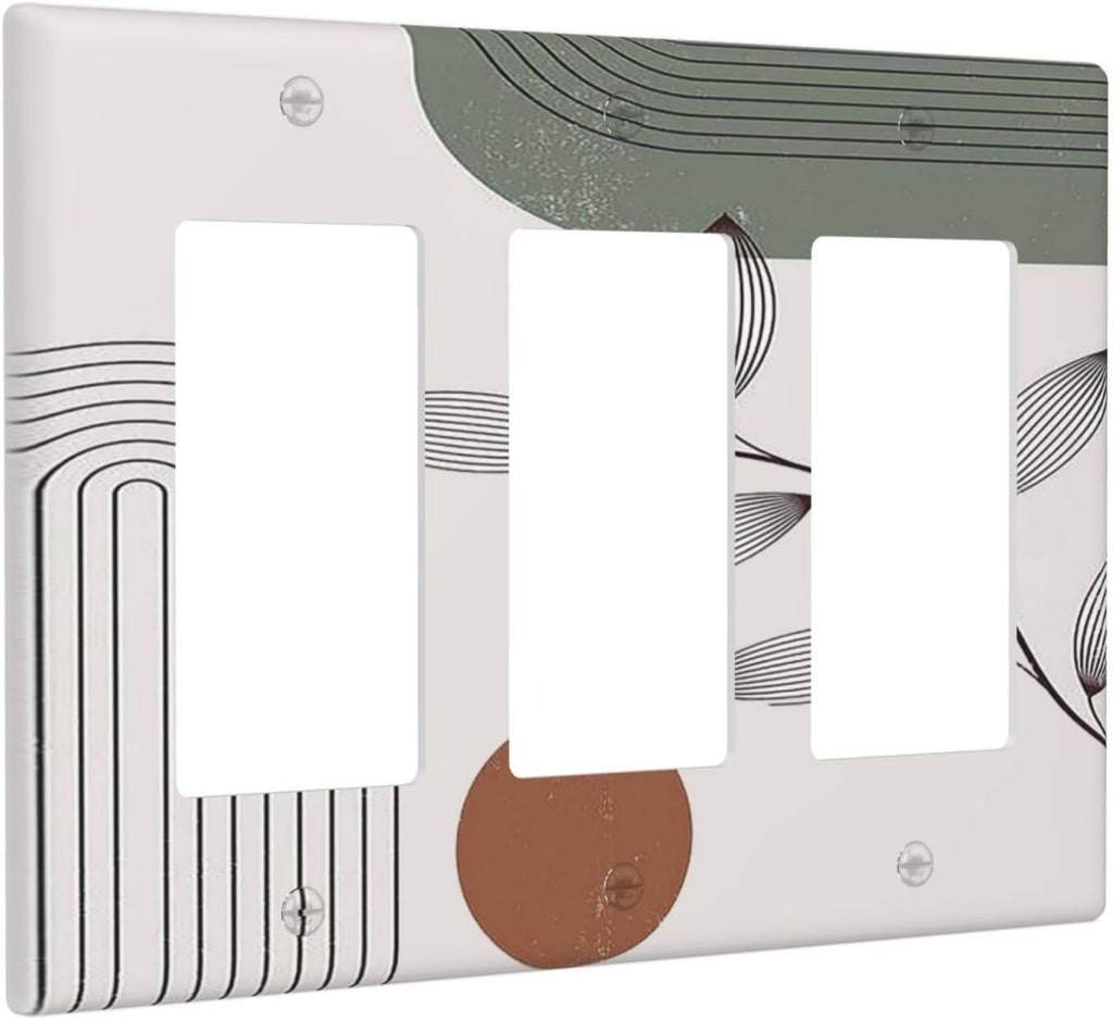 Light Switch Covers Sage Green Boho Nature Art Minimalist Geometric Plant 3 Gang Rocker Electrical GFCI Decorative Triple Outlet Wall Plate Cover Switchplate for Bedroom living Room Decor