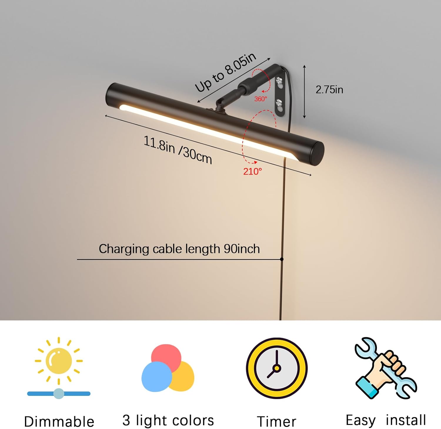 4W Picture Light Plug in, 12" Adjustable LED Art Light with Remote Control, Dimmable Wall Light for Picture Display Dartboard Art Work (Black)