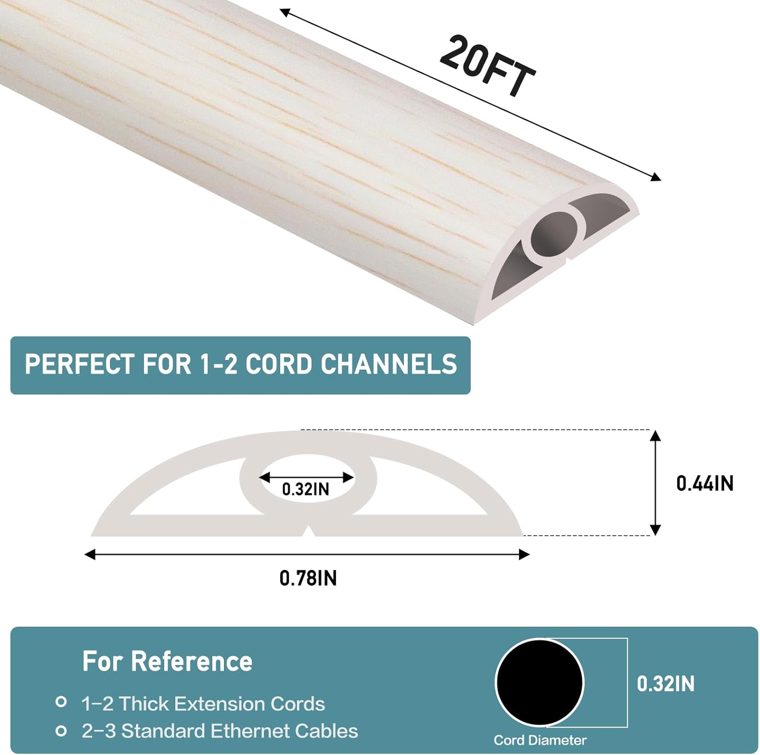 Floor Cord Cover Self Adhesive Cord Hider Floor Extension Cord Covers for Floor Power Cord Protector Cable Management Prevent Cable Trips Cable Cavity 0.32" W x 0.32" H (Beige Wood, 20Ft)