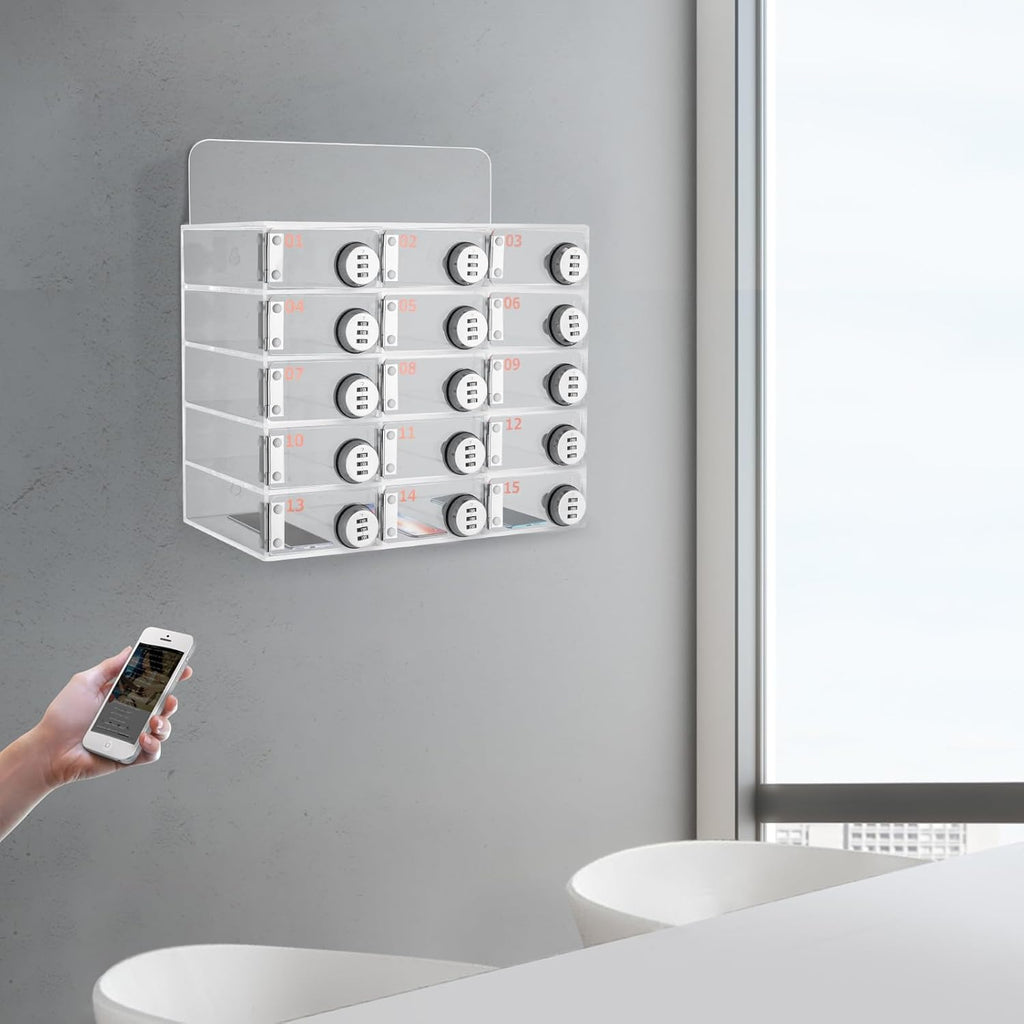 Cell Phone Storage Locker, 15 Slots Acrylic Material with Door Locks and Keys, Wall-Mounted Cabinet Pocket Office Classroom Gym Box, Clear