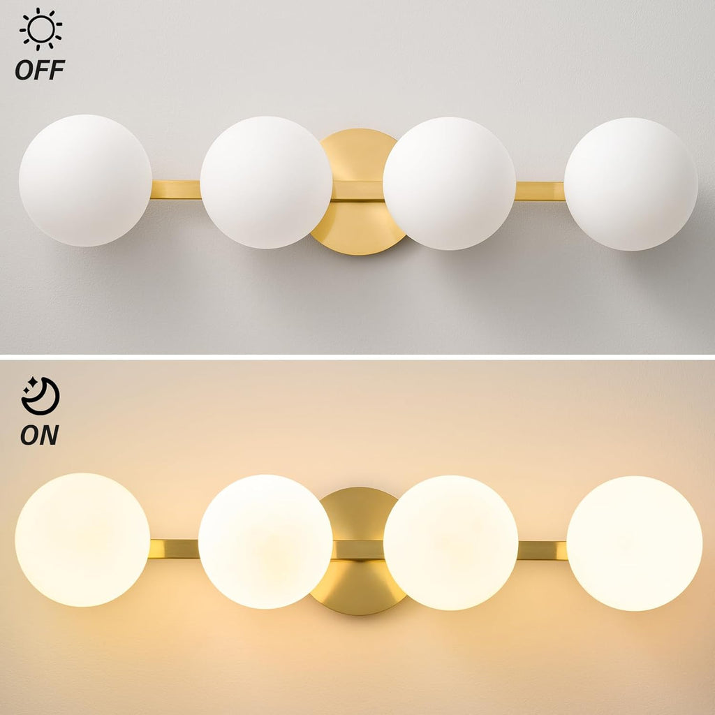 Bathroom Vanity Mirror Light Fixtures: 4 Lights Bath Wall Sconce Lighting - Brass Gold Vanity Lights with Milk Glass Shade - Modern Minimalist Makeup Light Fixture Above Mirror for Hallway E26 Base