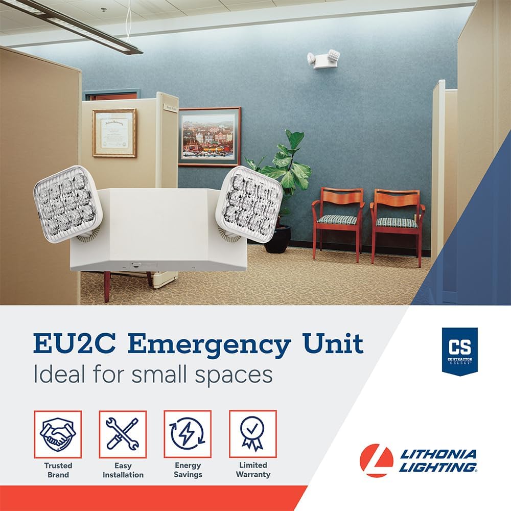 Lithonia Lighting Basics LED Emergency Light, Emergency Lighting with Dual Adjustable LED Lamp Heads, Wall Mount, Damp Location Rated, 90-Minute Backup, 120/277V, White, 2-Pack (EU2C CP2)
