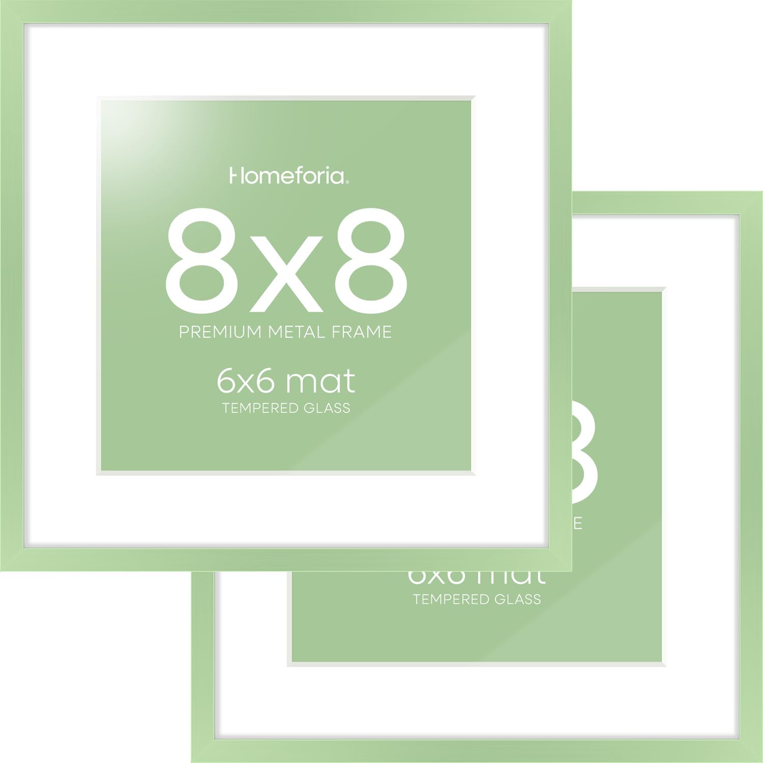 Homeforia 8x8 Sage Green Frame, High End Metal 8 x 8 Square Picture Frames with Mat 6 by 6 Photo, 8x8 Display Frame Matted to 6x6 Print, 8by8 Wall or Tabletop Frames, Tempered Glass, Wall Kit, Set of 2