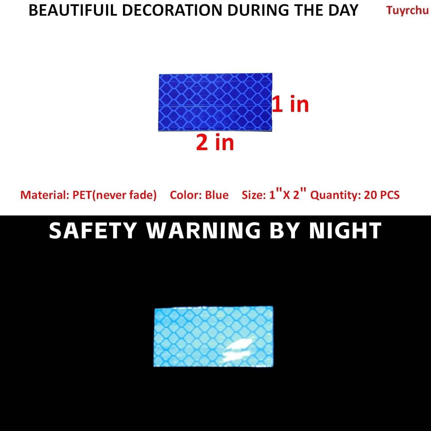 Non Fading Blue Reflective Stickers 1 inch X 2 inch, Outdoor Waterproof High Visibility Warning Safety Adhesive Reflector Tape (20 Pcs)