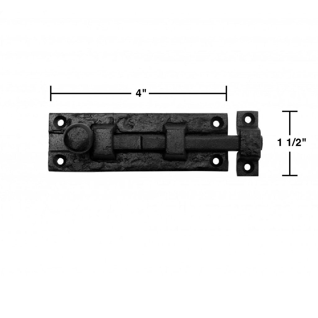 Renovators Supply Manufacturing Slide Bolt Latch 4 in. Black Wrought Iron Slide Bolt with Catch and Mounting Hardware Pack of 4