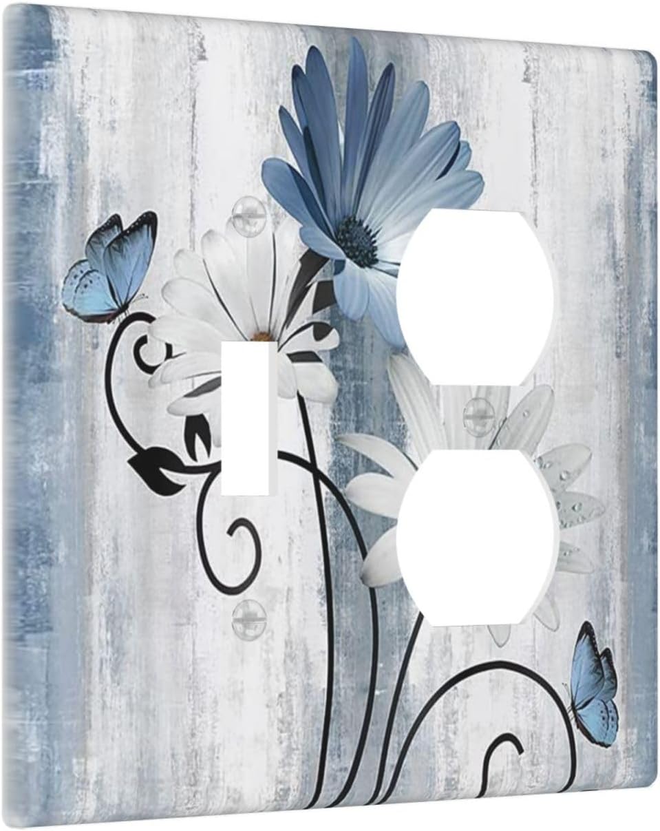 Decorative Outlet Covers Rustic Blue White Daisy Ink Flower 2 Gang Light Switch Cover Plate Single Toggle Duplex Wall Plates for Electrical Outlets Switch Plate Covers for Bedroom Home Decor