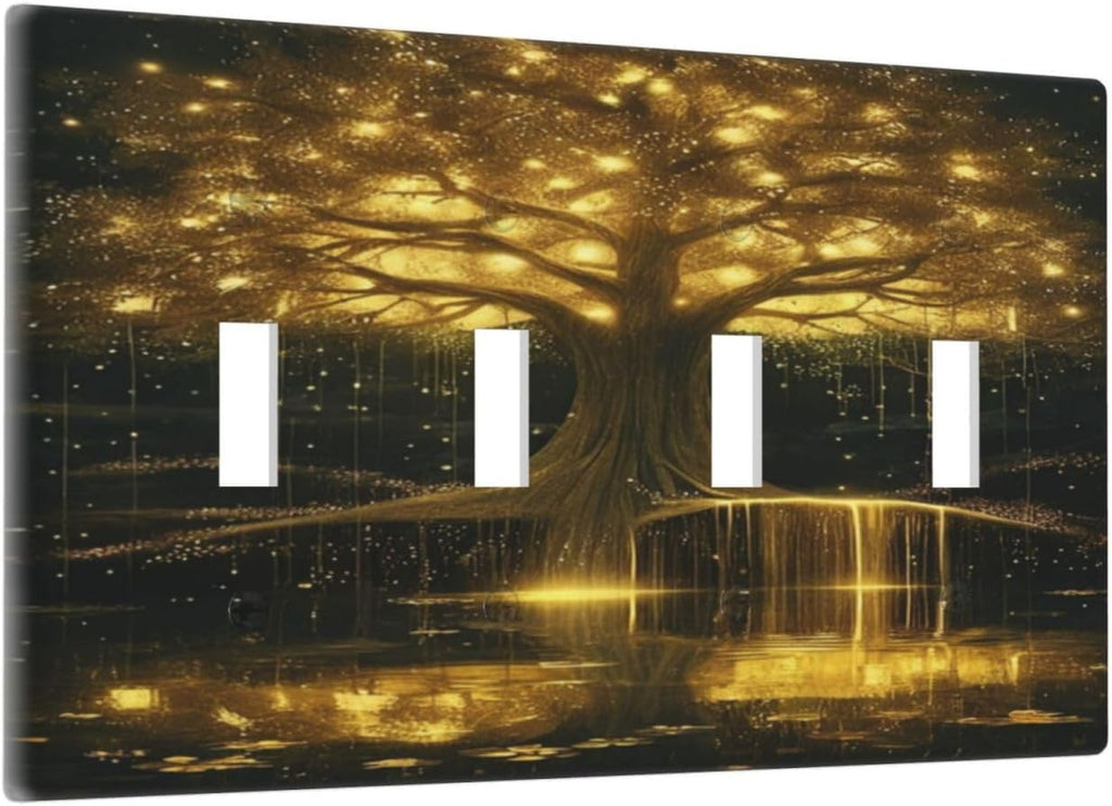 Decorative Light Switch Plate Covers Golden Shining Fantasy Kabbalah Tree of Life 4 Gang Light Switch Cover Plate Quad Toggle Wall Plate Outlet Covers Faceplate for Bedroom Home Decor
