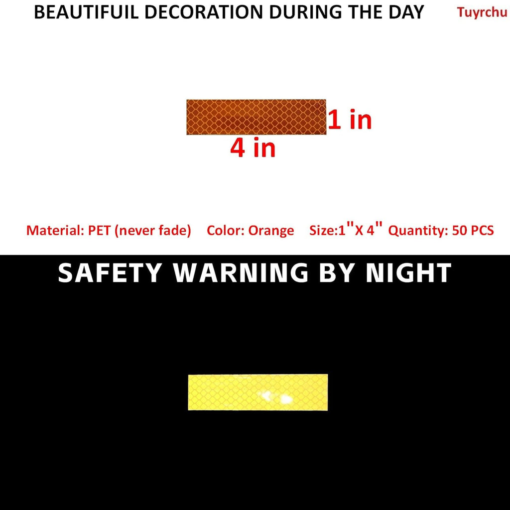Non Fading Orange Reflective Stickers 1 inch X 4 inch, Outdoor Waterproof High Visibility Warning Safety Adhesive Reflector Tape (50 Pcs)