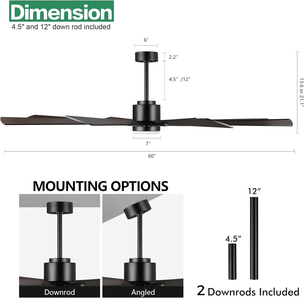 WINGBO 60" DC Ceiling Fan with Lights and Control, Matte Black Ceiling Fan with Walnut/Walnut Shadowed Reversible Blades, 6-Speed DC Motor, 8 Blade Wood Ceiling Fans for Kitchen Bedroom Living Room