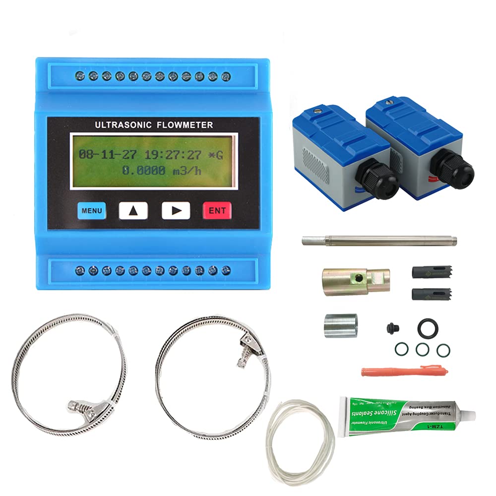 Ultrasonic Flow Meter Clamp On Flow Sensor DN32-DN80mm Measuring Water Liquid Fluid Mass Flow Sensors Digital Flow Meter Oil Flow Sensor for Water 0-90℃(Flow Meter+Small Sensor)