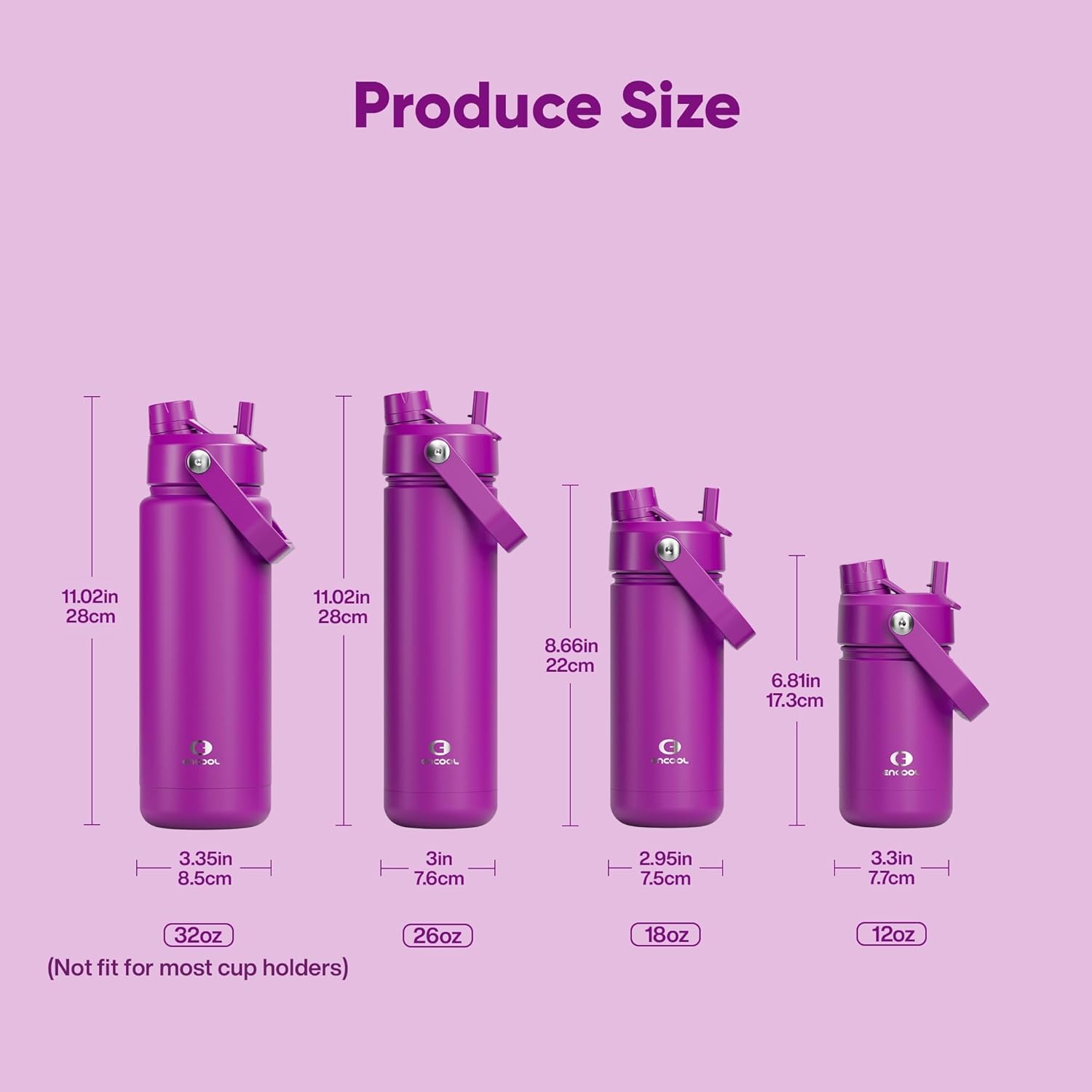 ENCOOL Insulated Water Bottle with Straw Stainless Steel Water Bottle, Leak-Proof, BPA-Free, Double Wall Vacuum Keeps Cold for 24 Hours for Sports, Travel, School (32 oz, Bright Magenta)