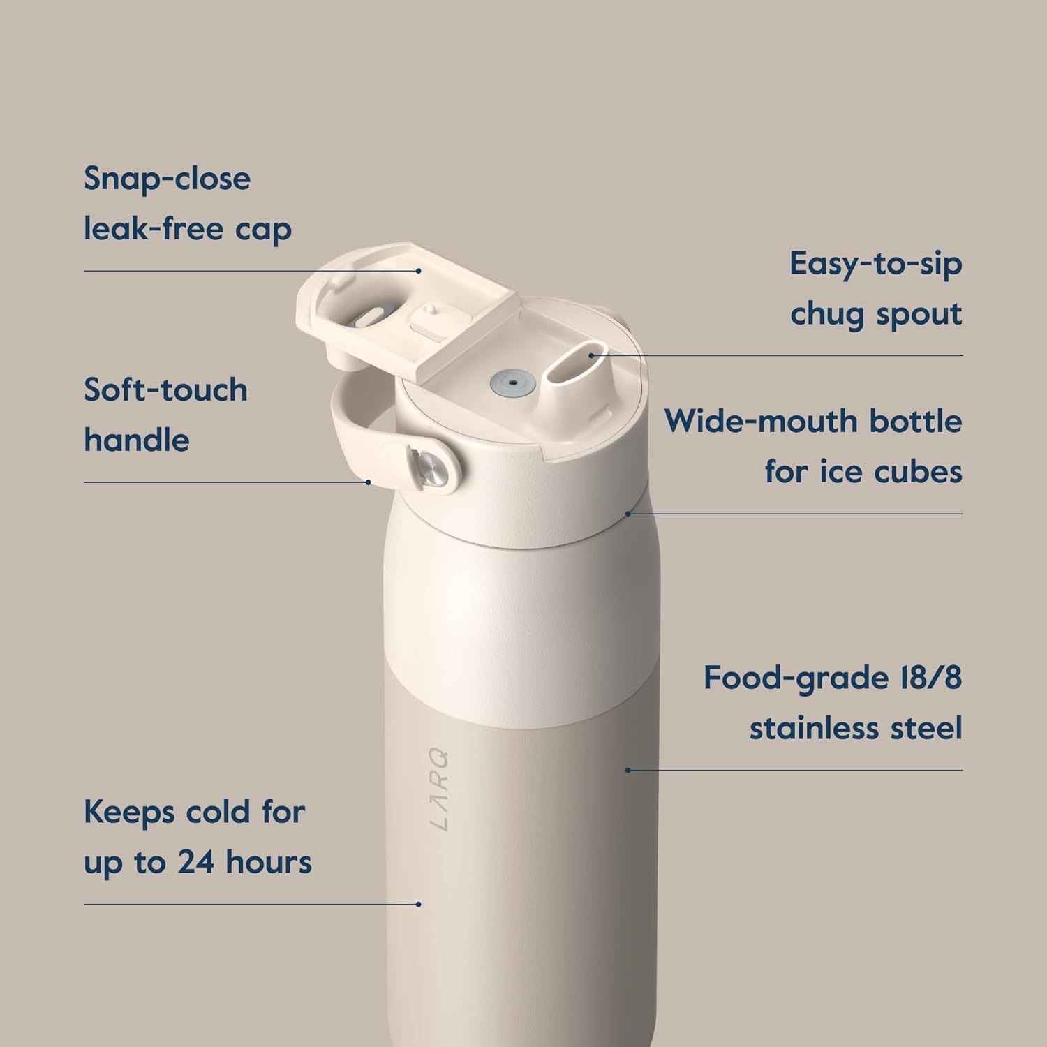 LARQ Bottle Swig Top 23oz - Insulated Reusable Stainless Steel Water Bottle With Built-In Silicone Handle | BPA Free | For Sports, Gym, and Travel | Mojave Dune