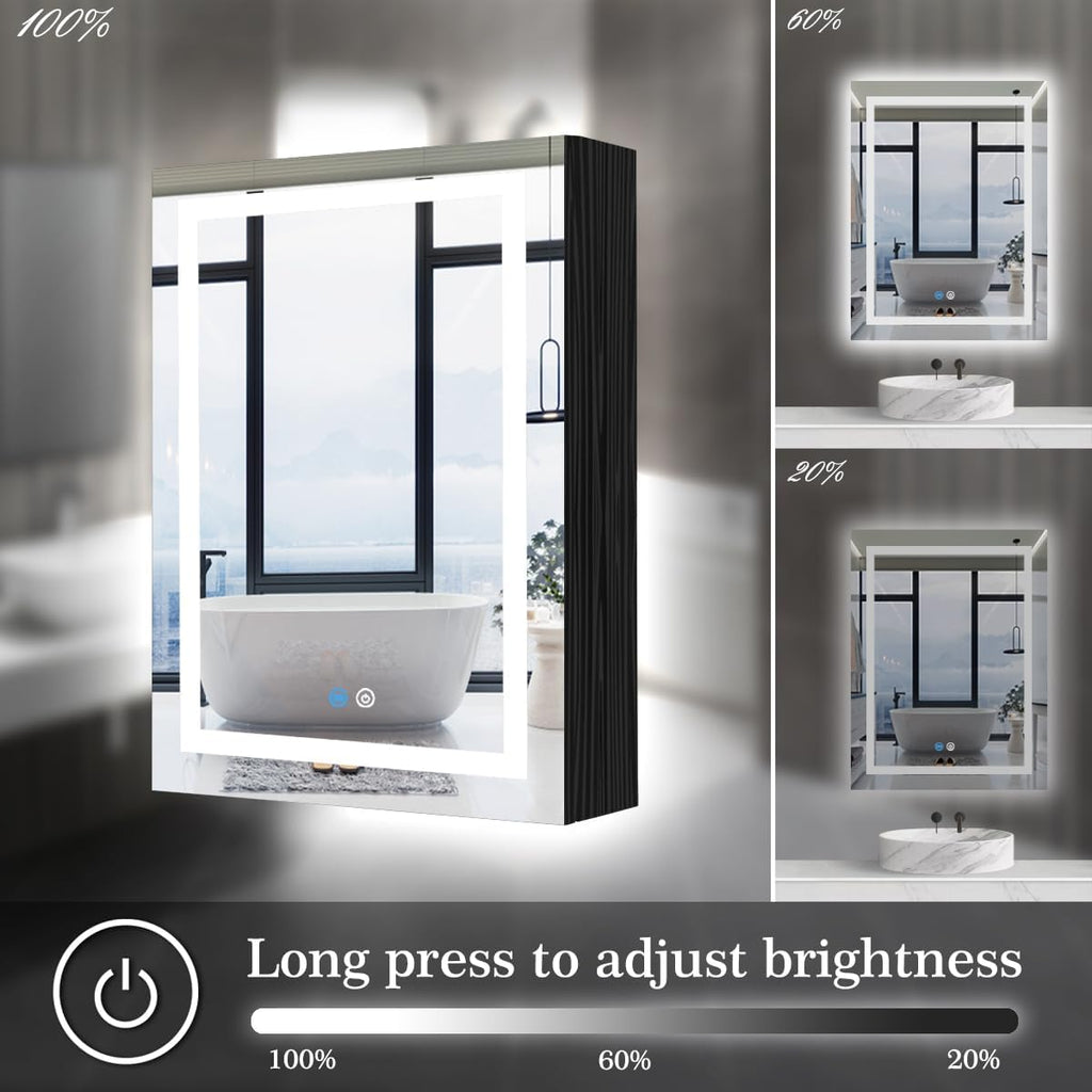 20 x 28 Inch Black Wood Led Medicine Cabinet Mirror with Lights Storage Wooden Cabinets Smart Memory 3 Color Dimmable AntiFog 28" Bathroom Lighted Medicine Cabinet with Mirror and LED Light