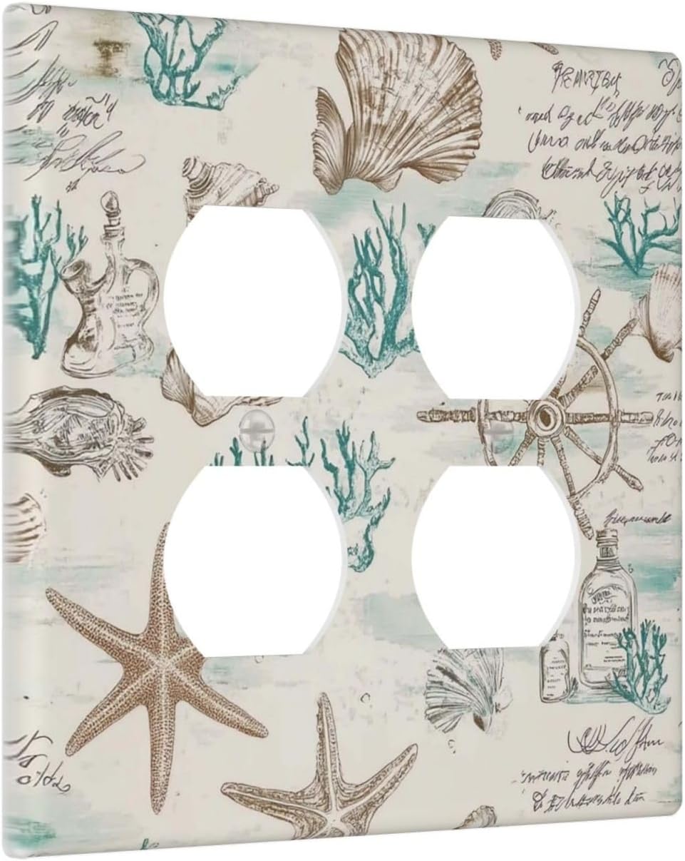 Mid Century Seashells Starfish Compass Outlet Covers 2 Gang Double Duplex Decorative Light Switch Covers Electrical Wallplates Socket Faceplate For Nursery Kids Room Decor