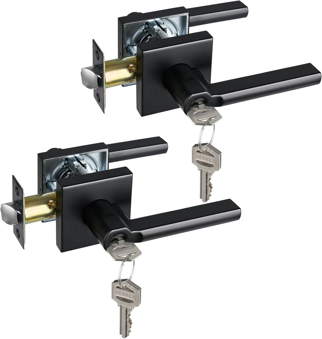 Keyed Entry Door Lever with Lock, Heavy Duty Square Interior Handle for Front Door and Office, Matte Black, Reversible for Right&Left Handed, 2Packs