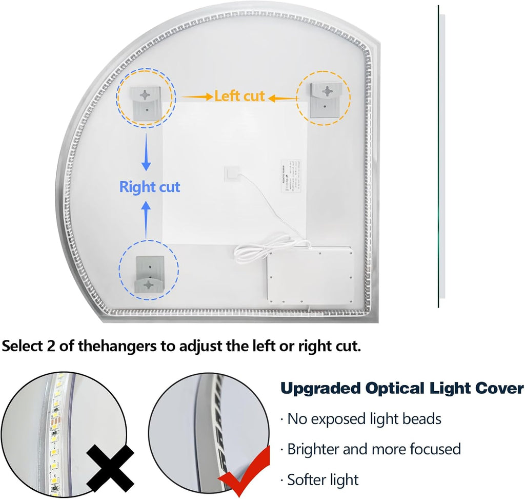 Niccy Half Moon Led Mirror for Bathroom, 28" Semi Round Backlit Mirror for Wall Lighted Mirror with Frameless 3 Color, Defogger, Explosion-Proof, HD Glass and IP65 Vanity Mirror