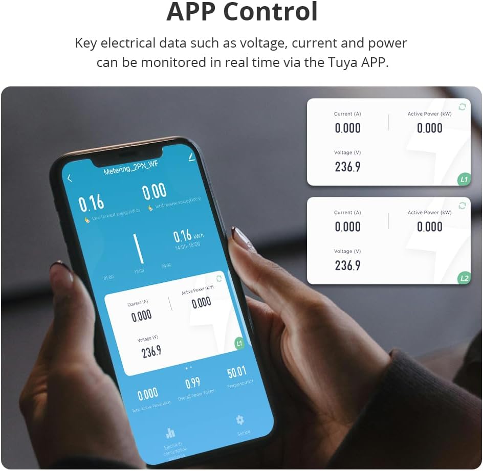 Smart Home Energy Monitor with 2 x 120A CTs, Live Electricity Usage Tracking, Bi-Directional Power Tracking, Supports Single-Phase 3-Wire System, 2.4GHz Wi-Fi (WiFi Version)
