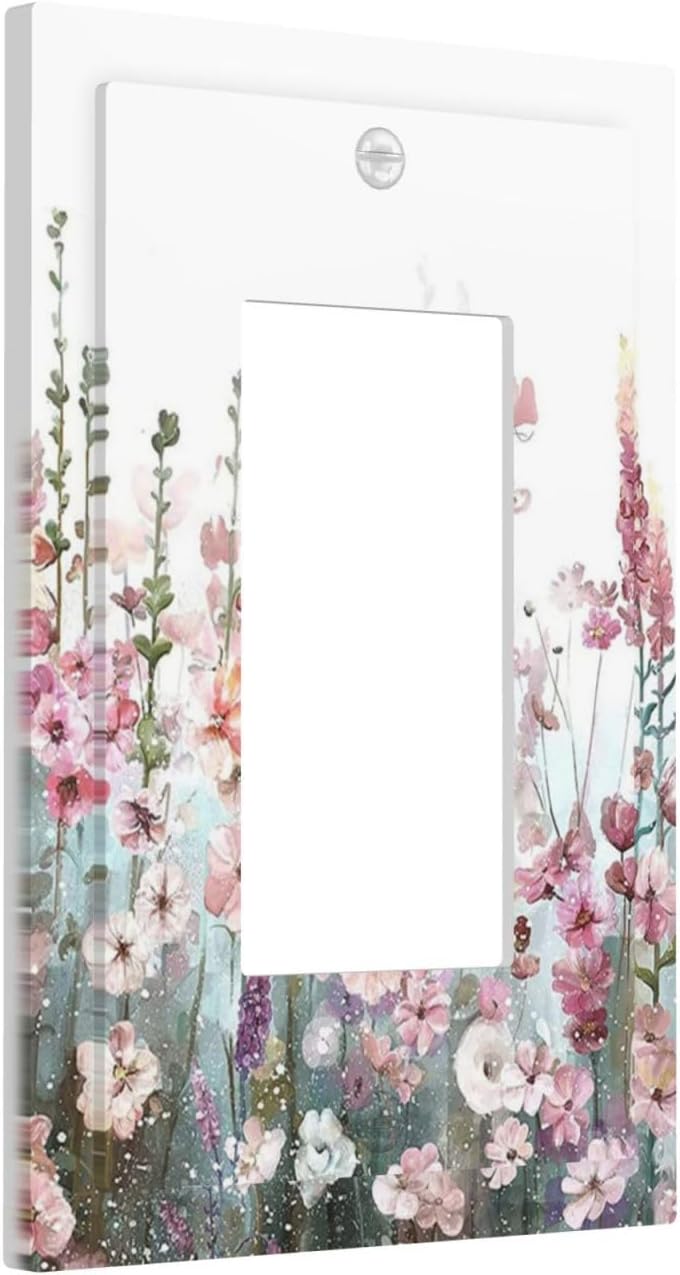 Colorful Flowers Pink Floral Watercolor Plant Decorative Outlet Covers 1 Gang Single Rocker Light Switch Cover Plate Wall Plates GFCI Faceplate for Bed Room Living Room Decor