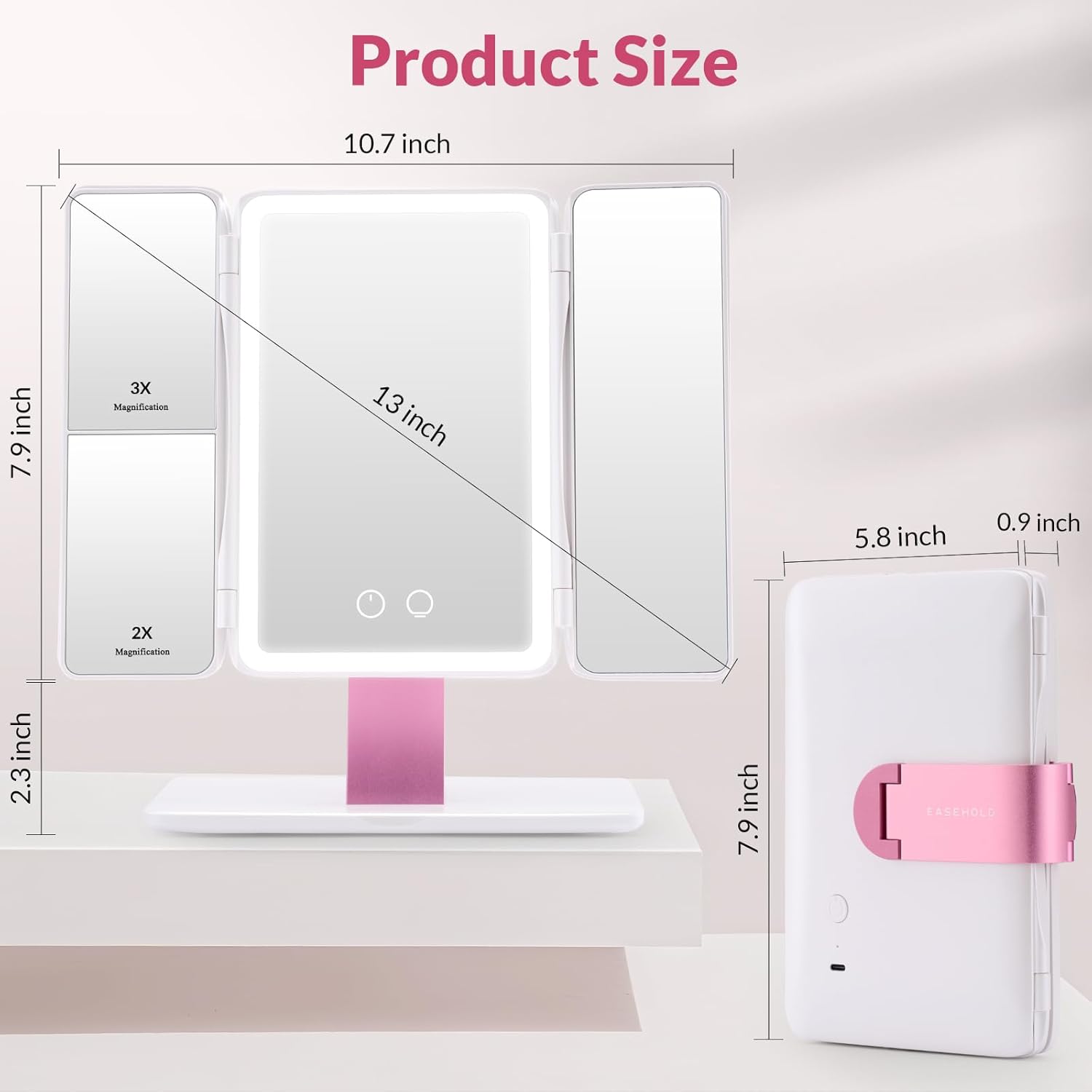 EASEHOLD Foldable Tri-Fold Lighted Makeup Vanity Mirror with 60 LED Lights, 1X/2X/3X Magnification, Touch Control Dimming, 3000mah Rechargeable, 360° Rotation, Portable Travel Folding Compact Mirror