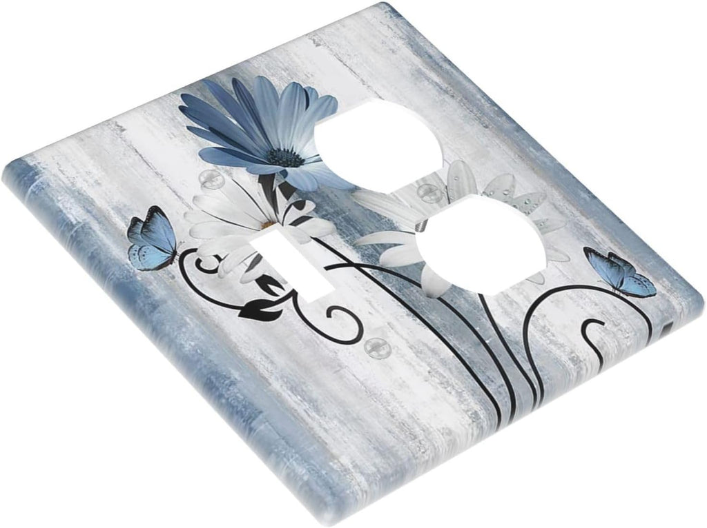 Decorative Outlet Covers Rustic Blue White Daisy Ink Flower 2 Gang Light Switch Cover Plate Single Toggle Duplex Wall Plates for Electrical Outlets Switch Plate Covers for Bedroom Home Decor