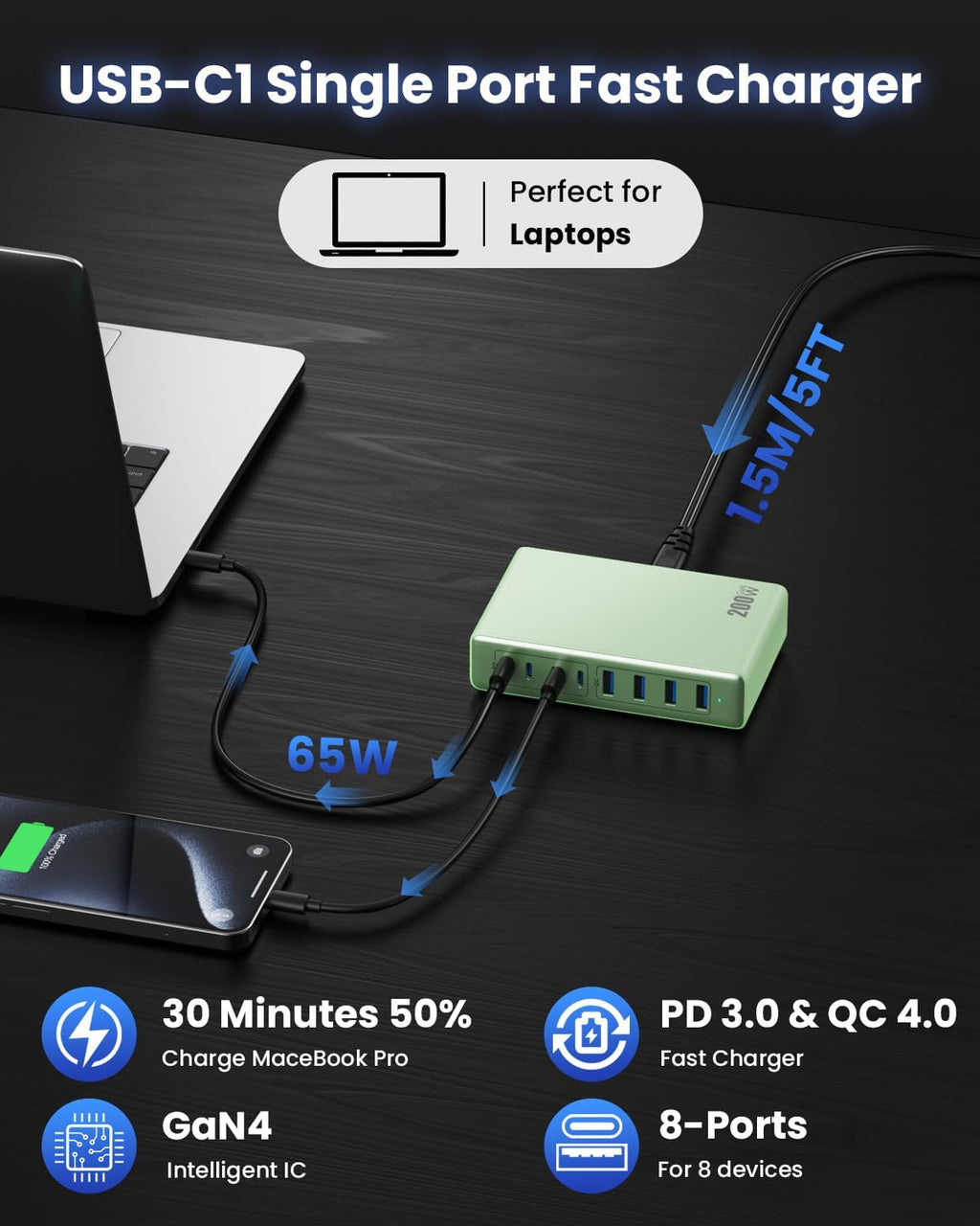 200W USB C Charger Block,GaN IV Charging Station 8 Ports,QC4.0 Fast Charging Station Hub+PD 65W USB C Laptop Charger Adapter Compatible with MacBook Air/Pro,DELL,iPhone 17/16/15,iPad,Steam Deck-Green