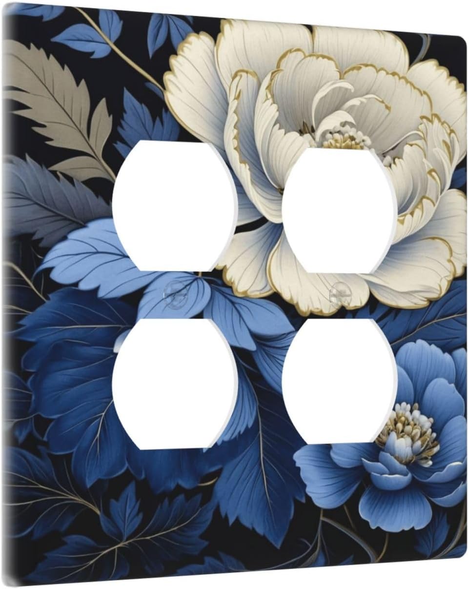 Decorative Outlet Covers Rustic Blue White Flowers Big Floral 2 Gang Wall Plate Double Duplex Light Switch Cover Switch Plate Covers Faceplate for Country Bedroom Home Decor