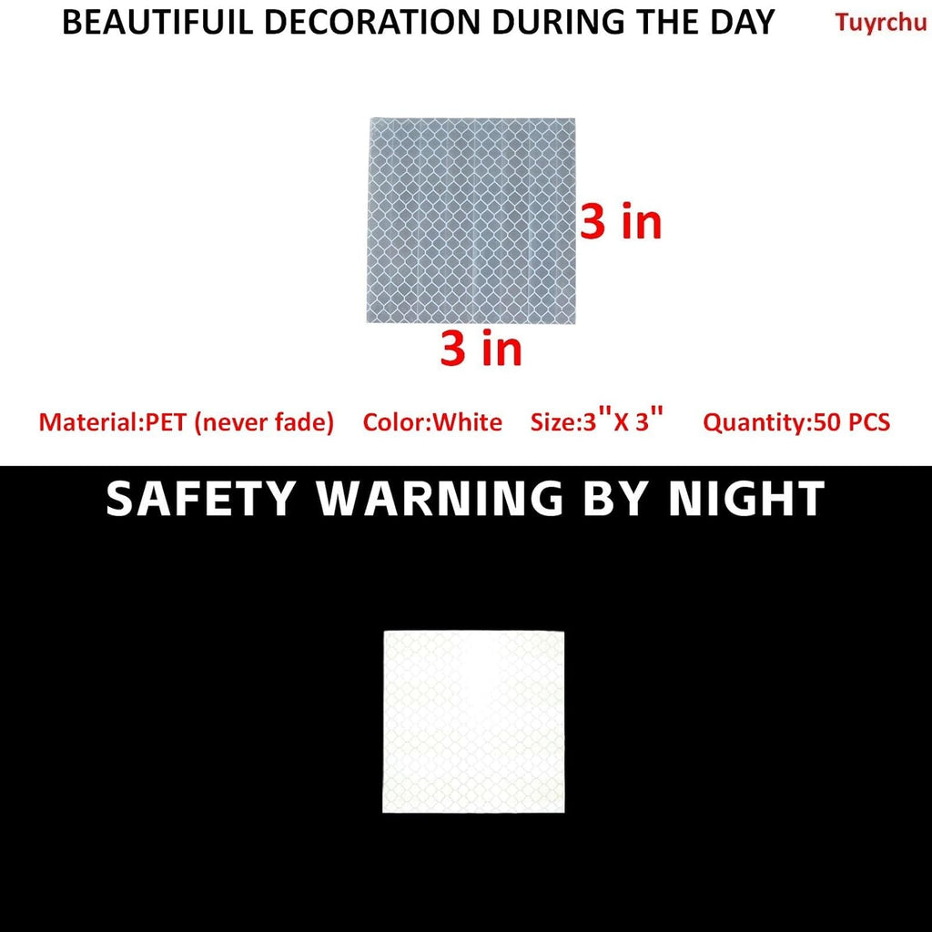 Non Fading White Reflective Stickers 3 inch X 3 inch, Outdoor Waterproof High Visibility Warning Safety Adhesive Reflector Tape (50 Pcs)
