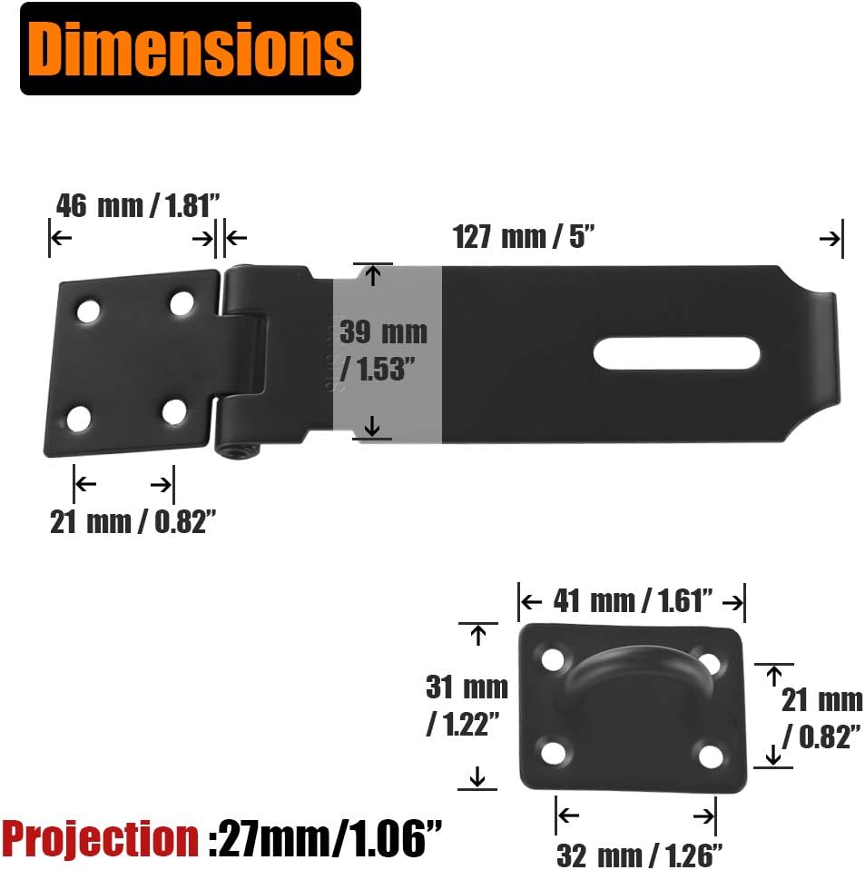 JQK Door Hasp Latch Lock, 5 Inch 304 Stainless Steel Safety Packlock Clasp Thickness 1.9 mm, Matte Black, DL130-PB