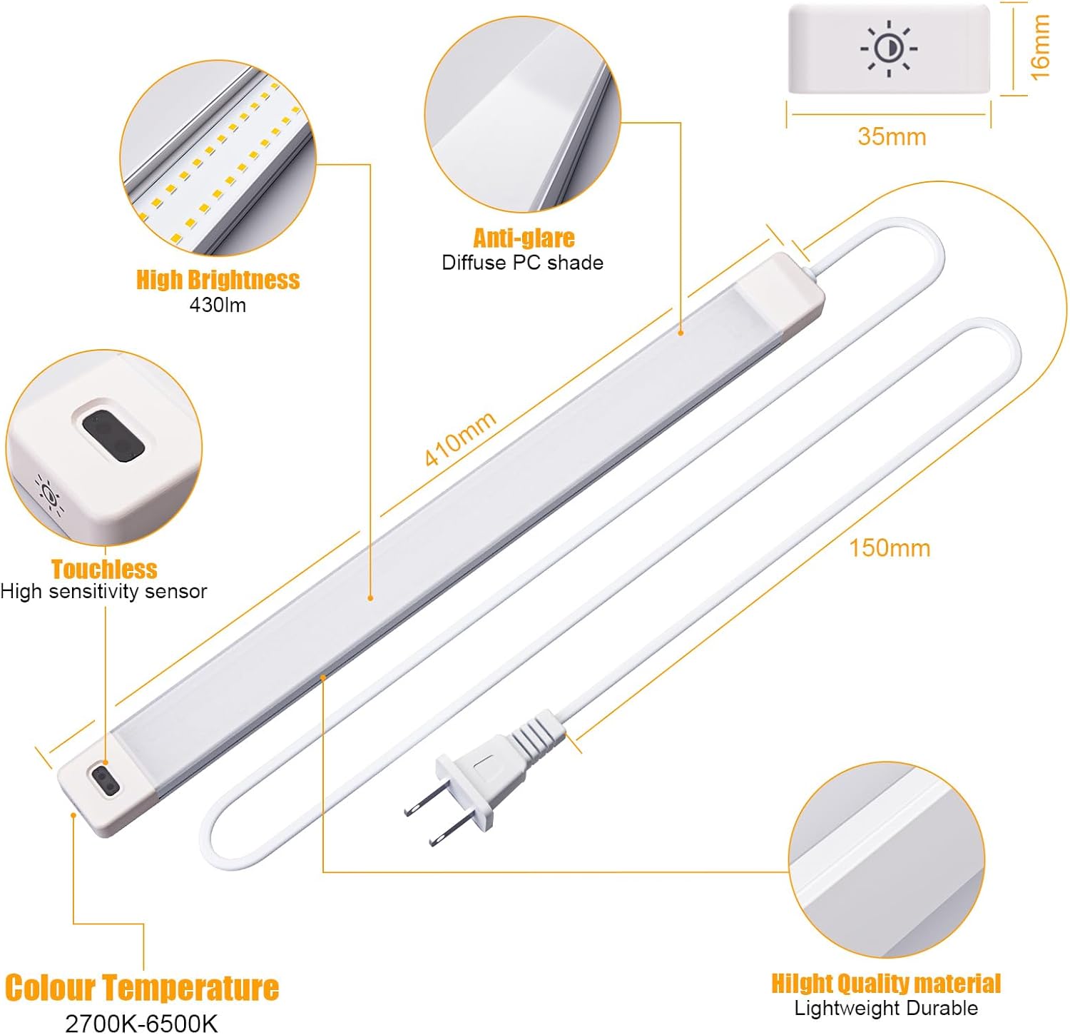 MYPLUS Under Cabinet Lights with Hand Wave, 16" Dimmable 5 Color 2700K/3500K/4000K/5000K/6500K, Bright 450 Lumens,7W,120V, Led Light Bar for Kitchen,Sink,Indoor