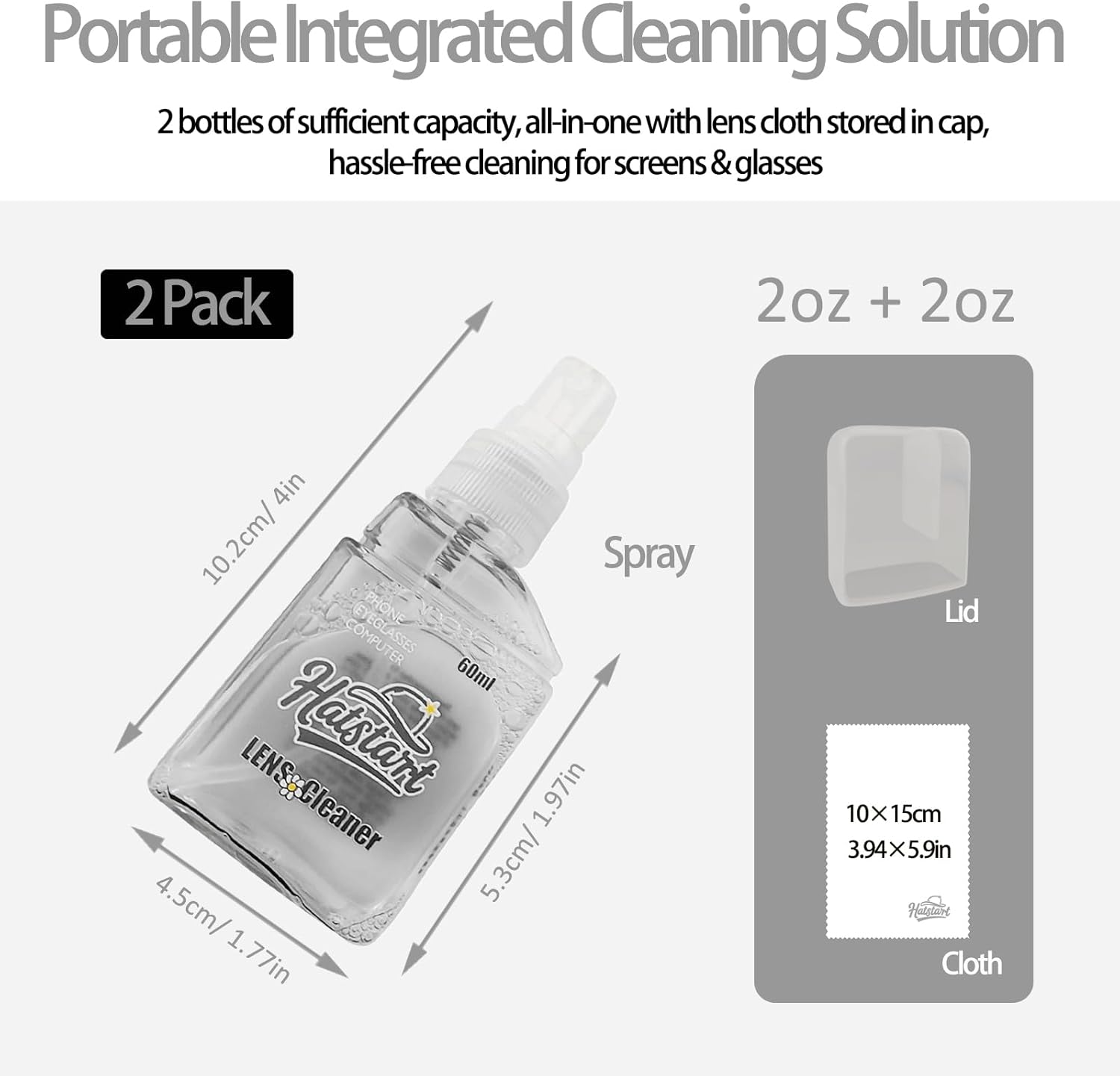 Laptop Screen Cleaner Kit: Phone Touchscreen Mist Spray and Cloth Wipes 2-Pack Grey, Hatstart Tablet Cleaning Kit for Car Display Computer TV PC Eyeglass, Compatible with iPhone, iPad, MacBook Pro