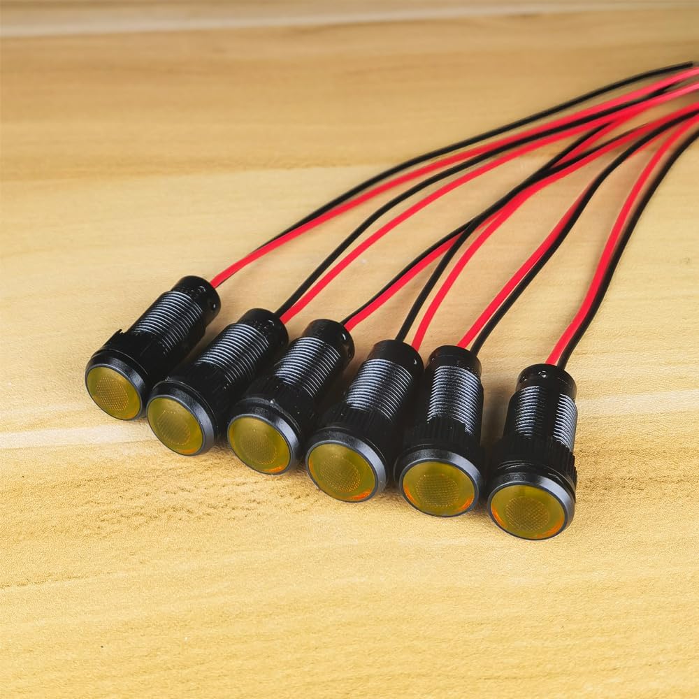 6pcs Yellow Indicator Pilot Light AC/DC 12-24V Mounting Hole Size 10mm(Flame Retardant Plastic Shell)