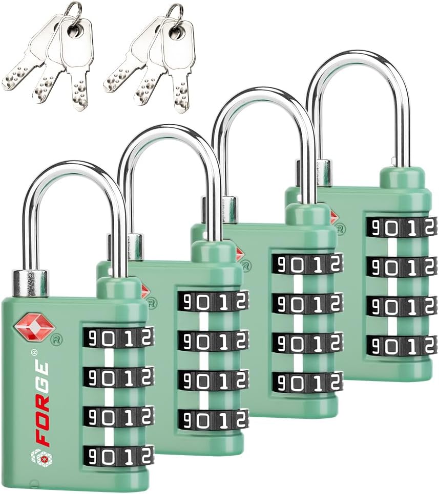 Forge Dual-Opening: Key or Combination Lock, TSA Approved Lock for Luggage, Pelican case, Travel, Gym, School, Luggage Combination Lock, Travel Bag Lock (Green 4 Pk)