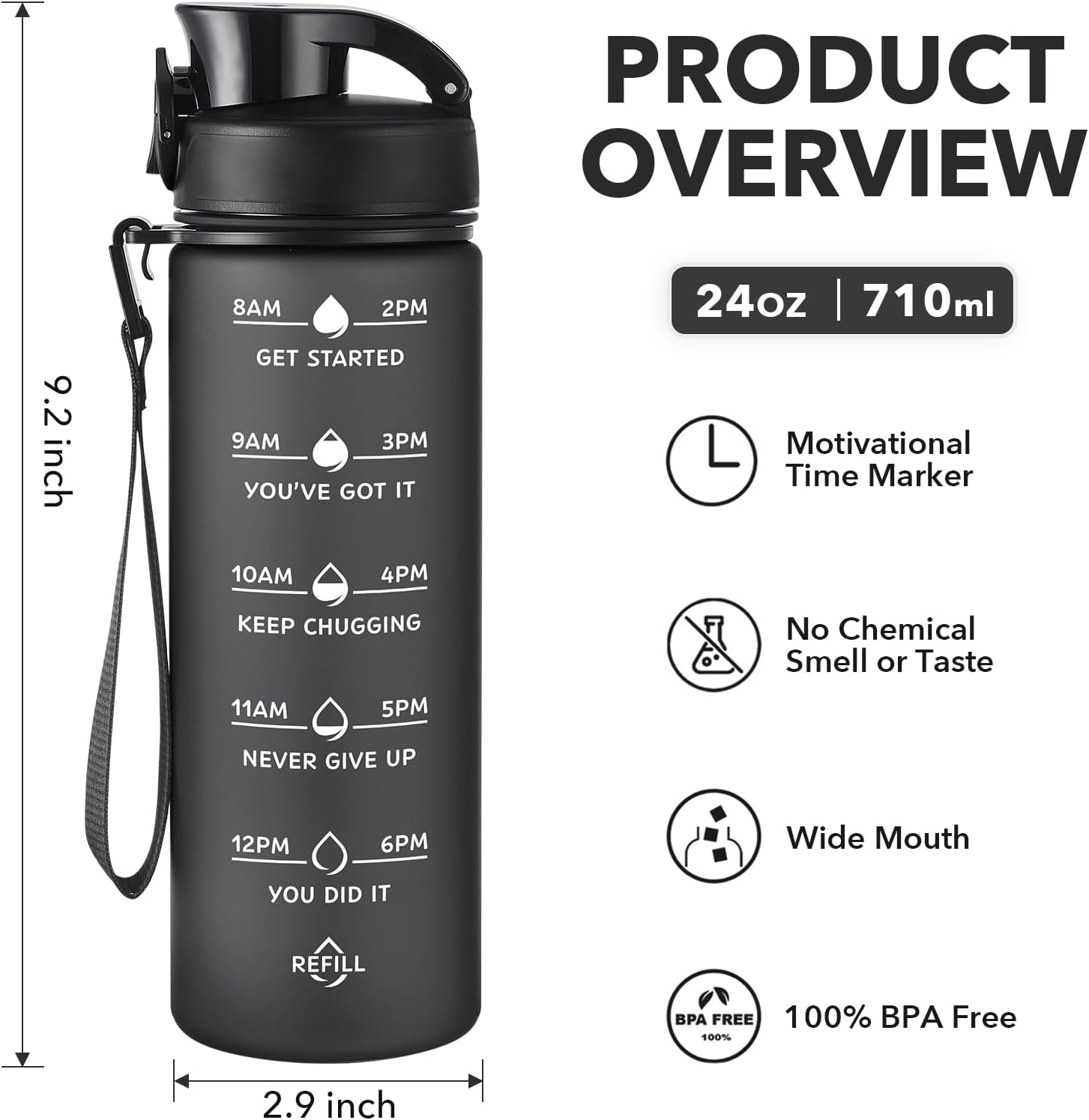 Enerbone Water Bottle, Leakproof BPA & Toxic Free, Motivational Water Bottle with Times to Drink and Straw, Fitness Sports Water Bottle with Strap for Office, Gym, Outdoor Sports