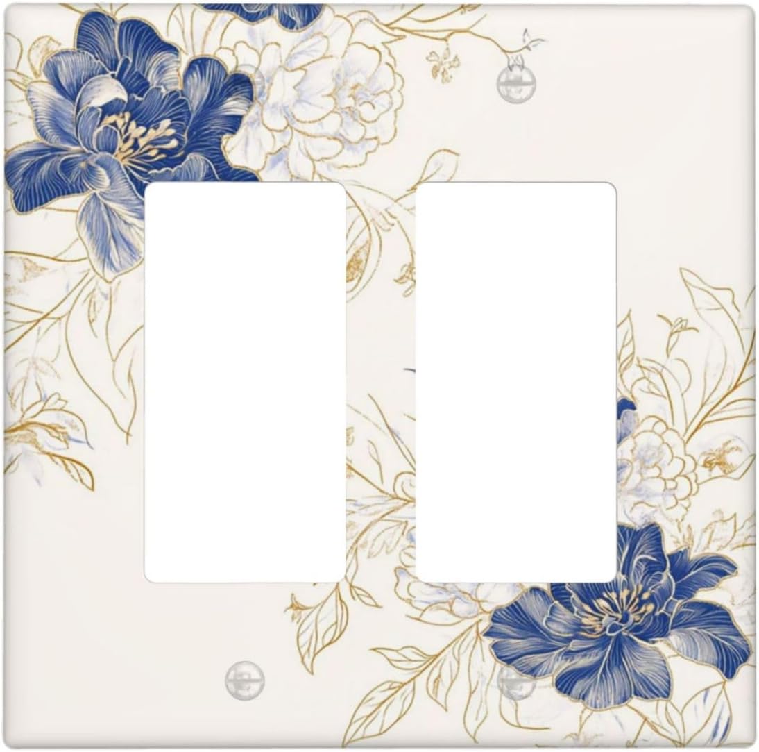 Decorative Outlet Covers Rustic Blue Flower Floral Gold Leaf 2 Gang Light Switch Cover Plate Double Rocker Wall Plates for Electrical Outlets Switch Plate Covers for Bedroom Home Decor