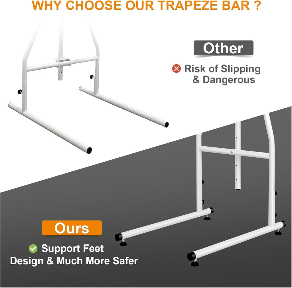 Trapeze Bar for Bed Mobility, Heavy Duty Pull Up Assist Bar with Floor Stand, 5Ft-7Ft Height Adjustable Trapeze Bar, Medical Patient Mover for Care Facilities, White